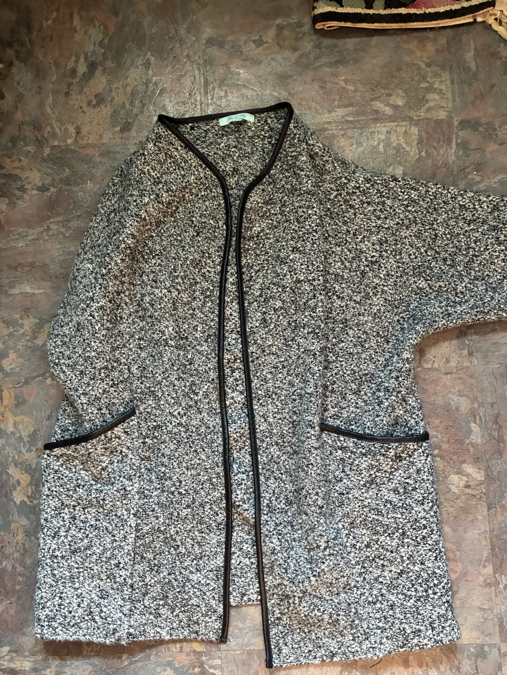 She + Sky Grey Bouclé Cardigan with Black Trim